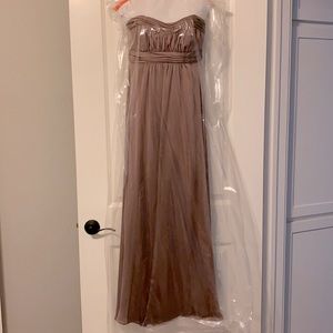 Taupe satin strapless gown by Vineyard Collective
